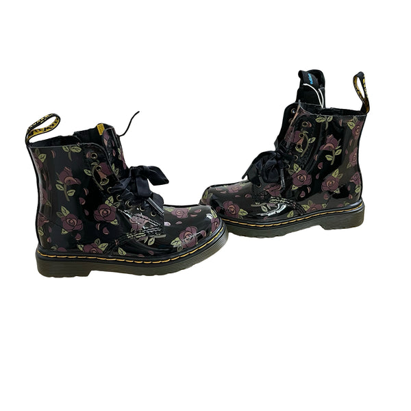 Dr. Martens Black Flower Print Patent Boots - Size 10