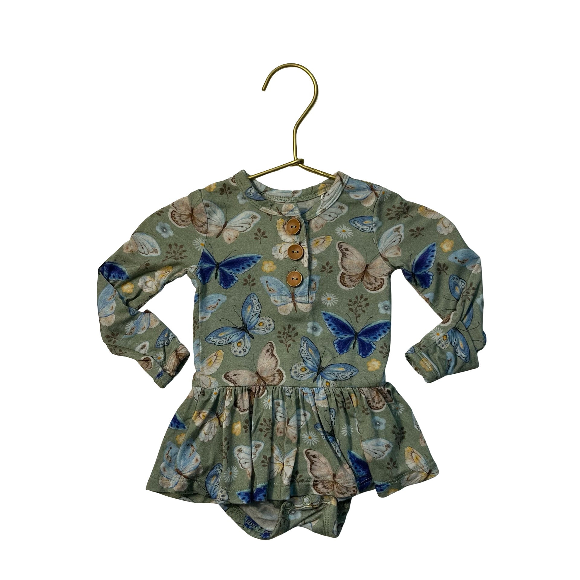 Posh Peanut Sage Green Butterfly Print Henley Bodysuit Dress - Size 0-3 Mo