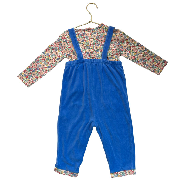 Baby Boden Blue Velour Overalls & Flower Top Set - Size 18-24 Mo