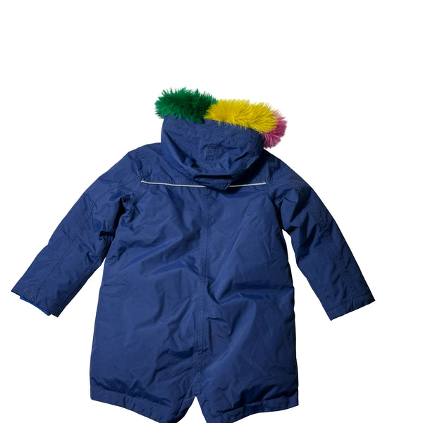 Boden Navy & Rainbow Faux Fur Trim Hood Winter Jacket - Size 6-7