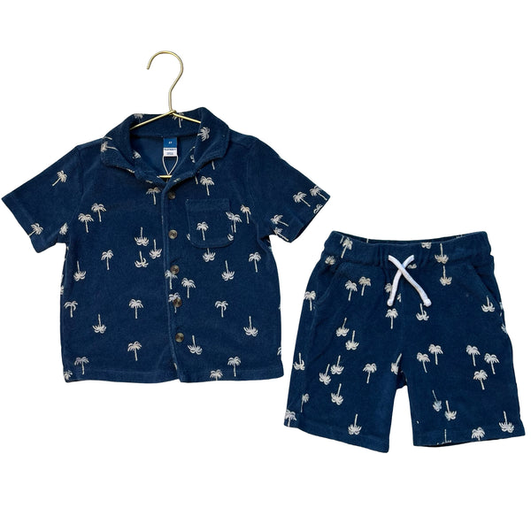 Old Navy Navy Terry Palm Tree Print Shorts & Button Down Shirt Set - Size 3T