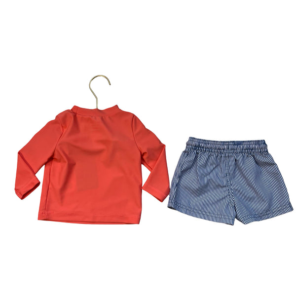 Carter's Coral Rash Guard & Navy Striped Swim Shorts Set - Size 6 Mo