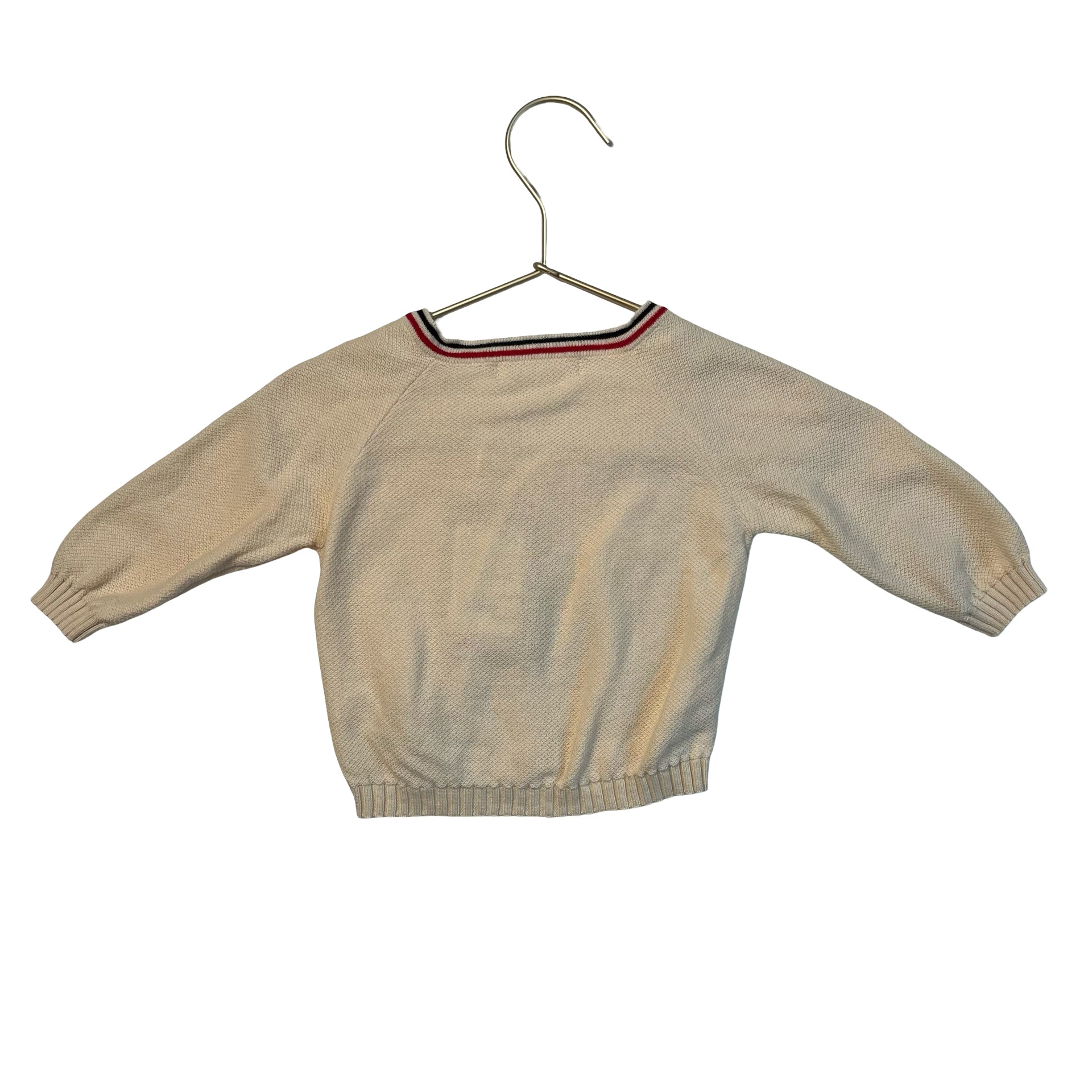 La Petite Collection Ivory V-Neck Red & Navy Trim Cotton Cardigan - Size 12 Mo