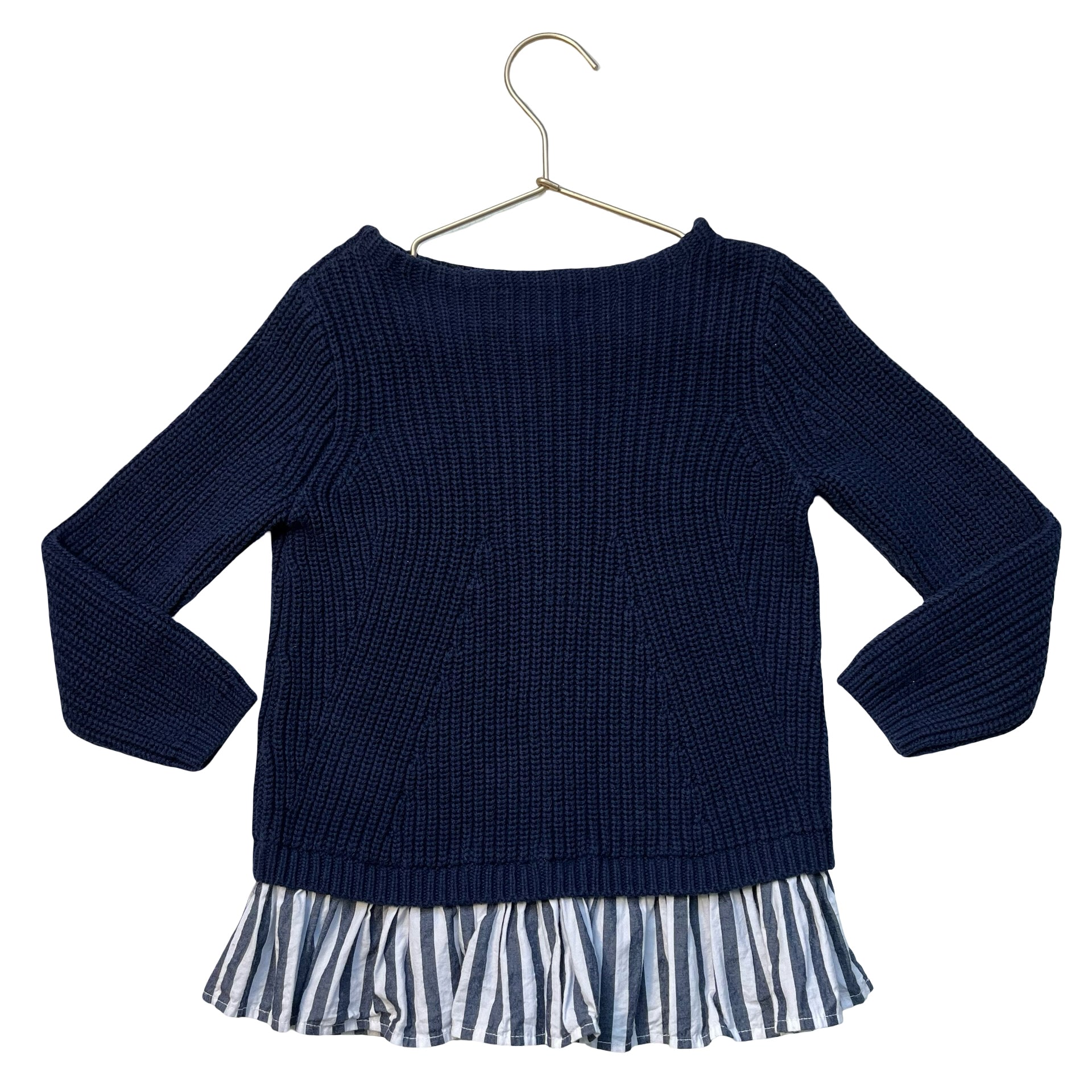 Crewcuts Navy Cotton Sweater, Striped Hem Trim - Size 6-7