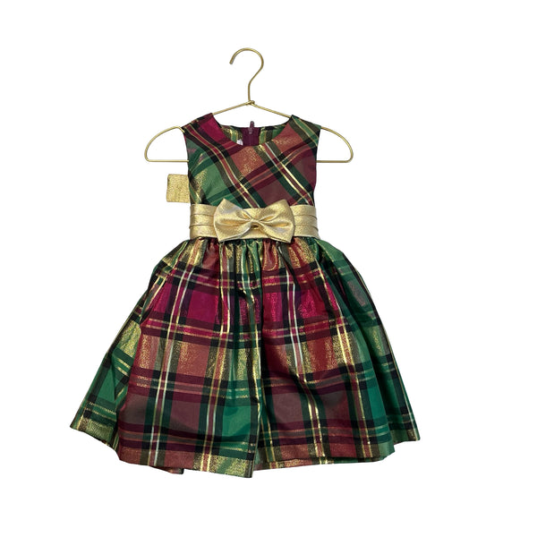 Bonnie Jean Pink, Green & Gold Plaid Taffeta Sleeveless Dress - Size 2