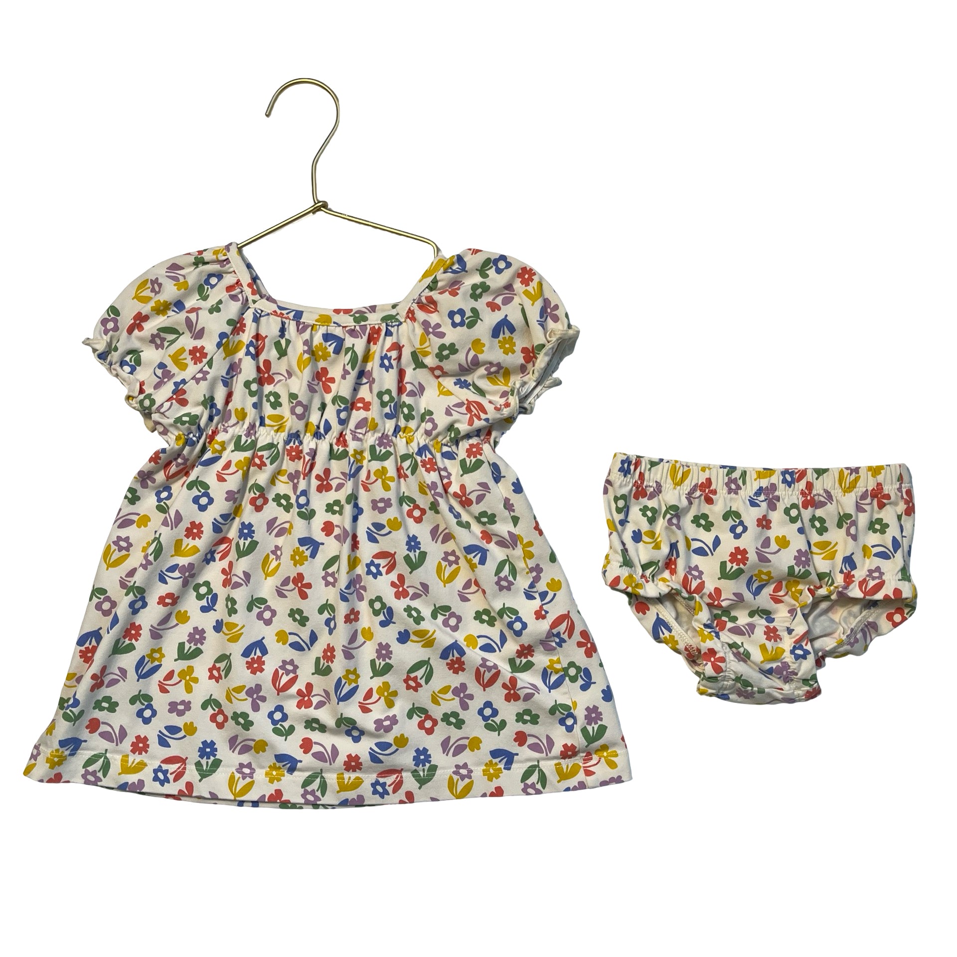 Hanna Andersson Ivory & Colorful Flower Print Dress & Bloomers - Size 12-18