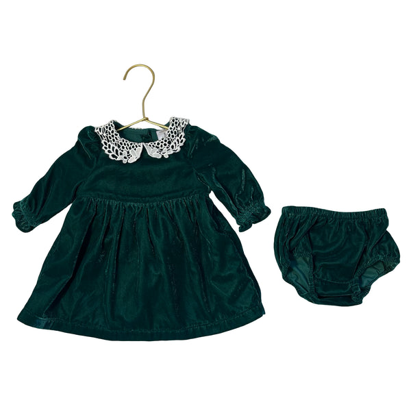 Nordstrom Green Velvet Dress & Bloomers, Lace Collar - Size 3 Mo