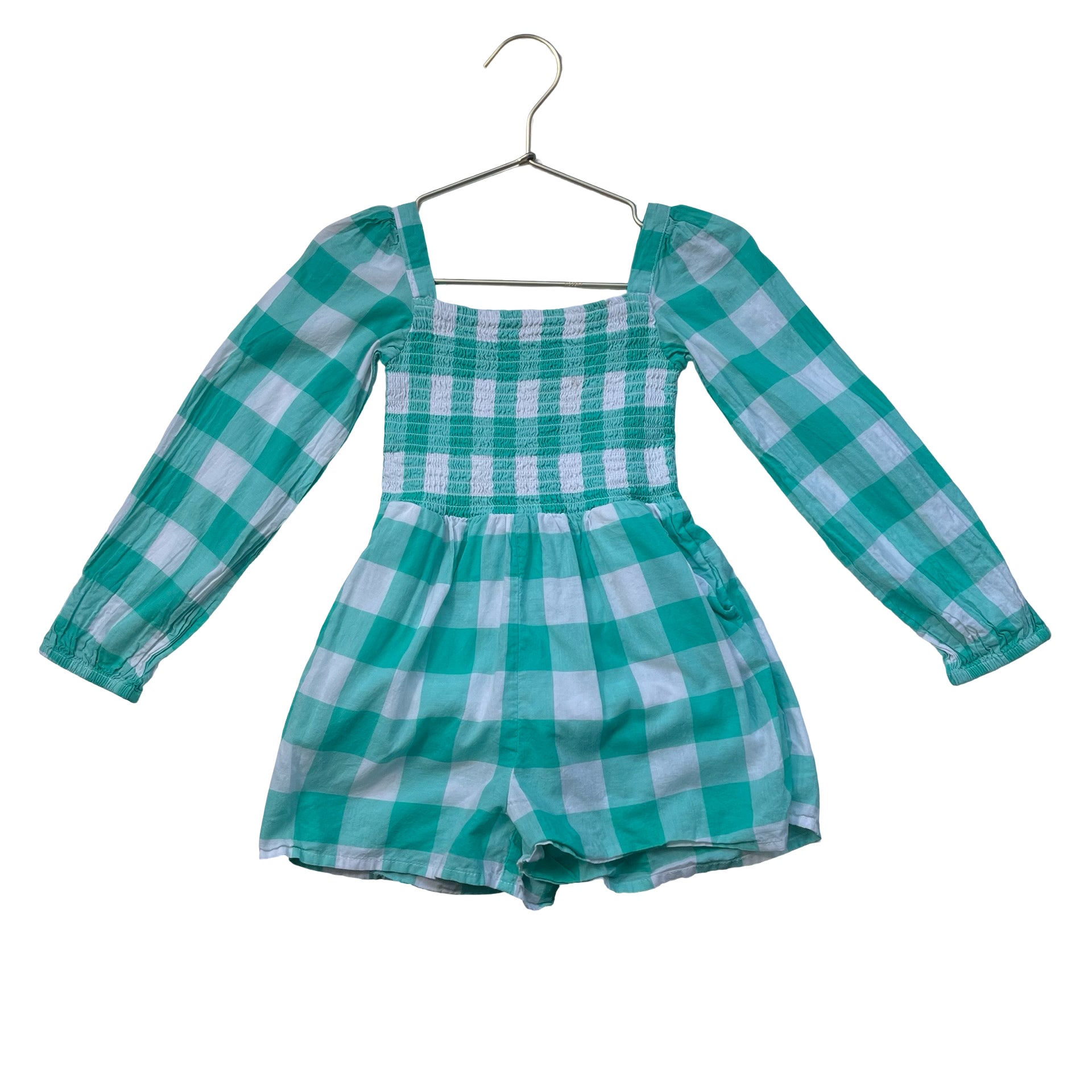 Janie and Jack Green & White Check Smocked Romper - Size 4