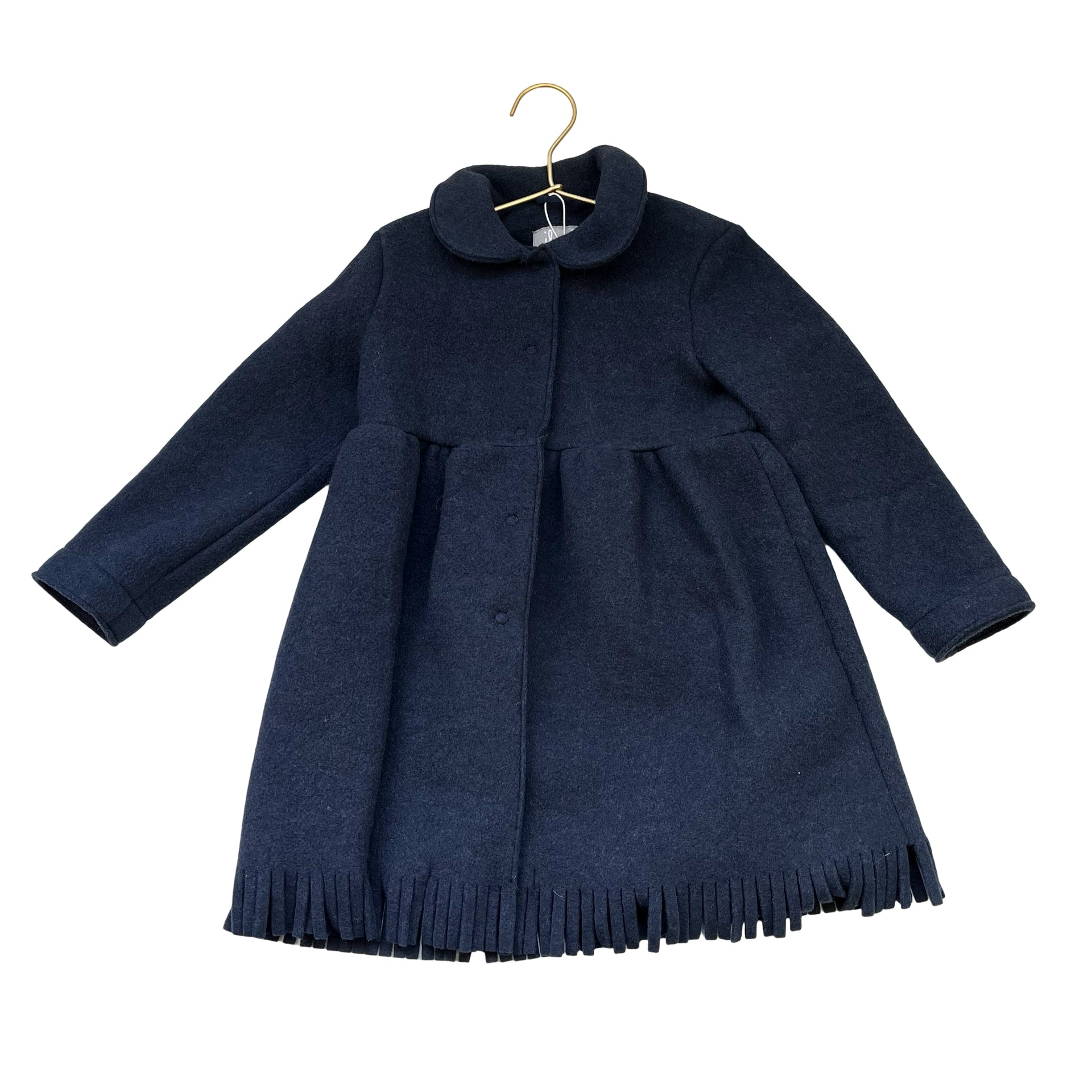Il Gufo Navy Felted Jacket, Fringe Hem - Size 4A