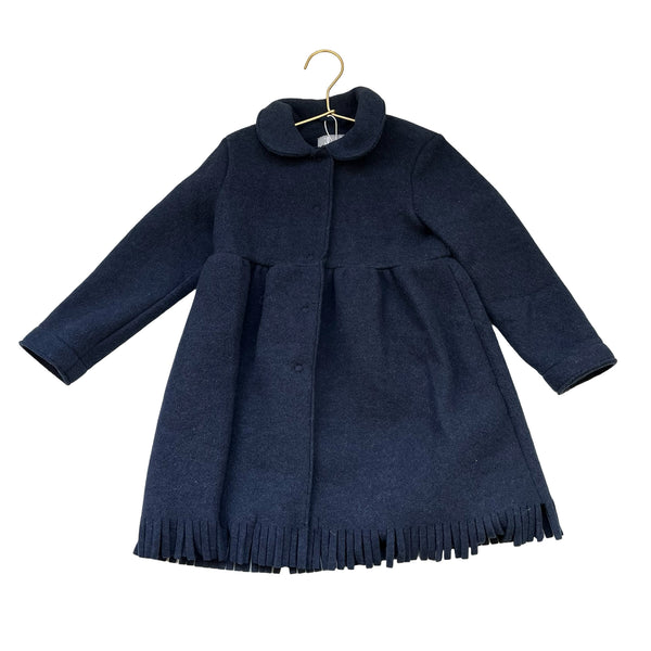 Il Gufo Navy Felted Jacket, Fringe Hem - Size 4A