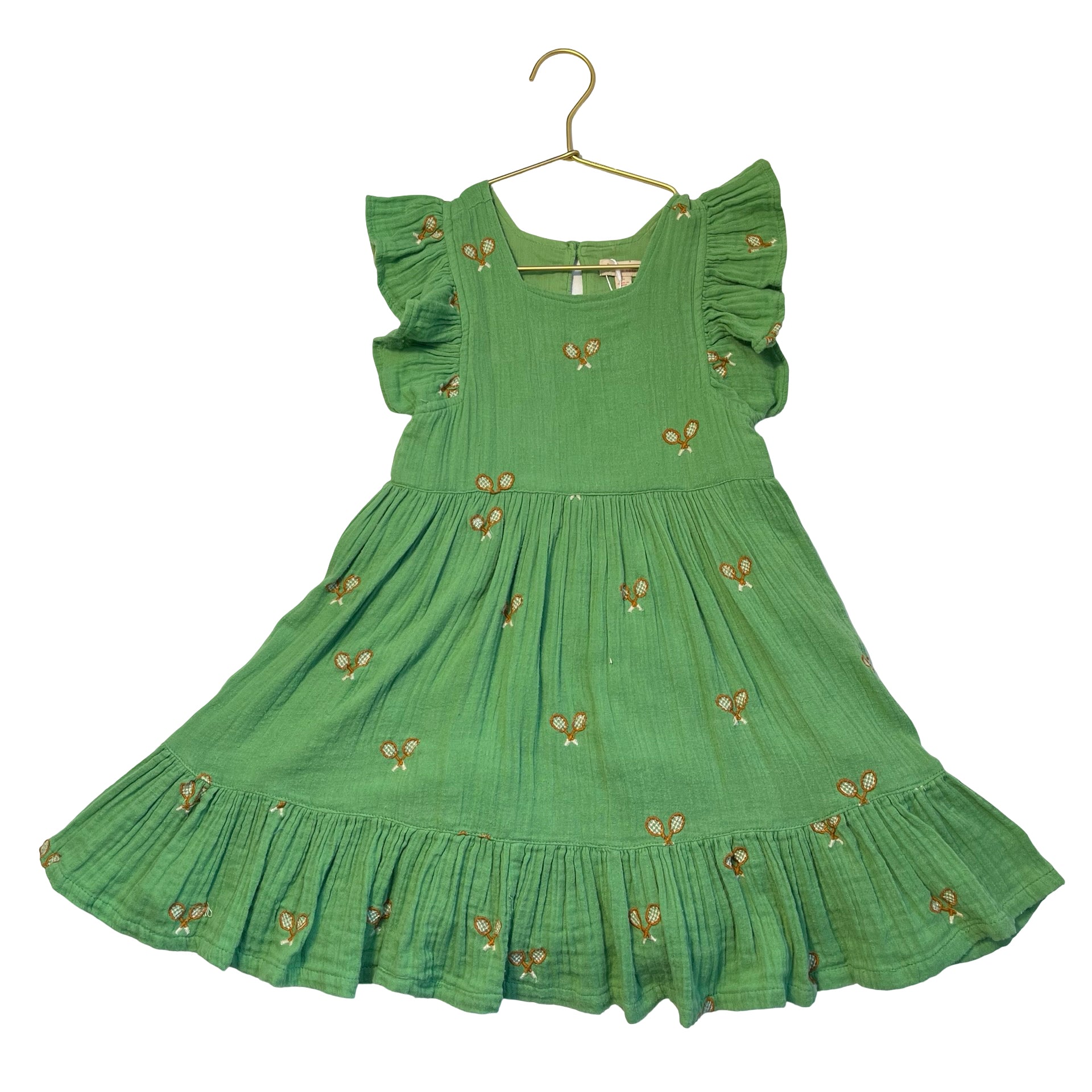 Pink Chicken Green Embroidered Tennis Racket Cotton Gauze Dress - Size 5Y