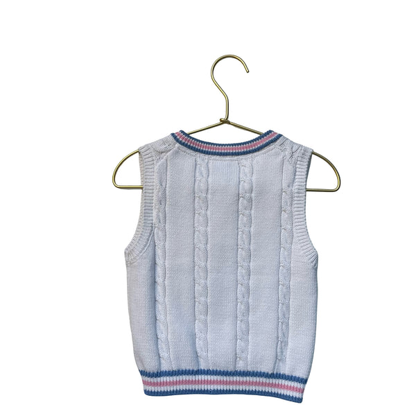 Janie and Jack White, Pink, Blue Cotton Cable-Knit Sweater Vest - Size 18-24 Mo