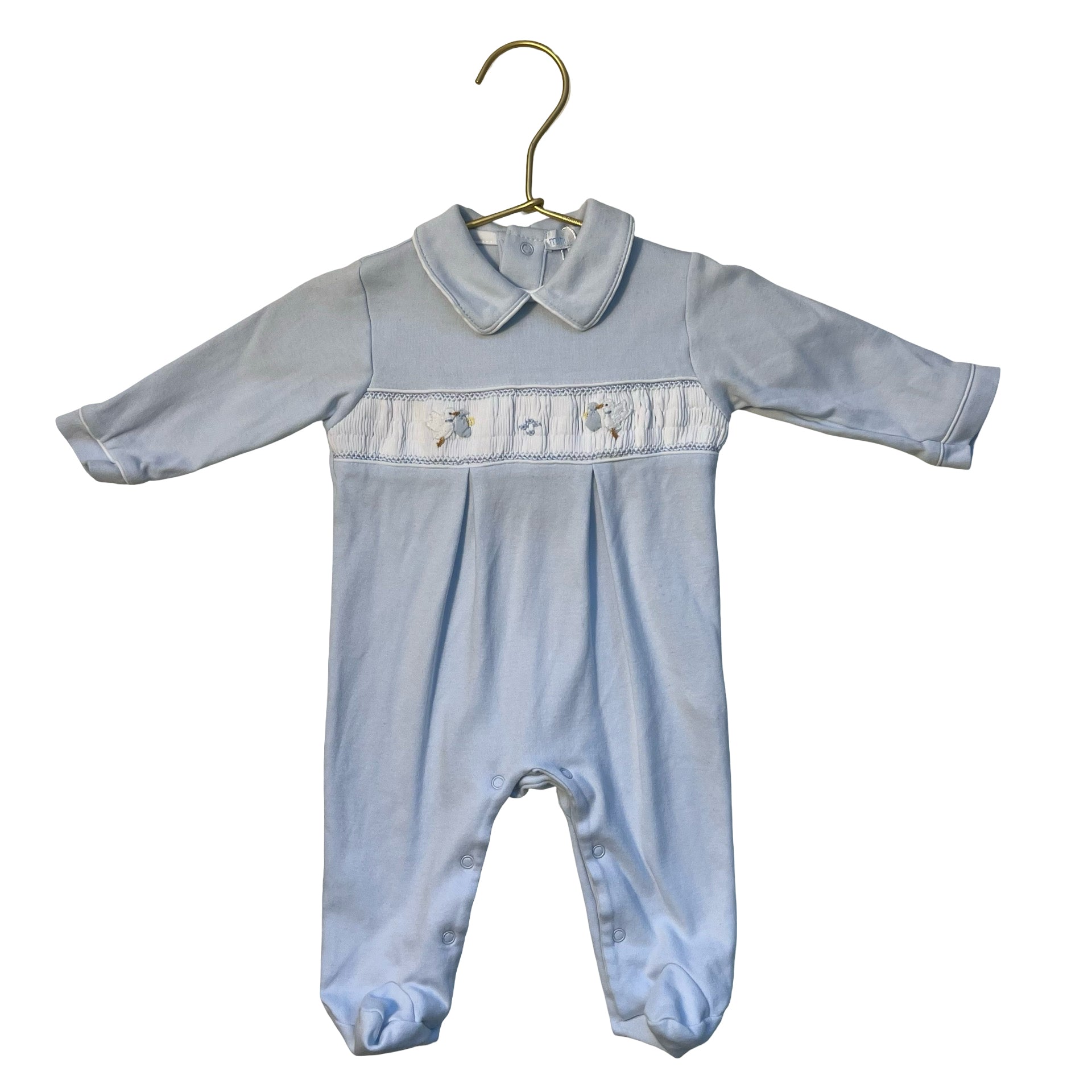 Mini La Mode Light Blue Smocked Stork Footed One-Piece - Size Newborn
