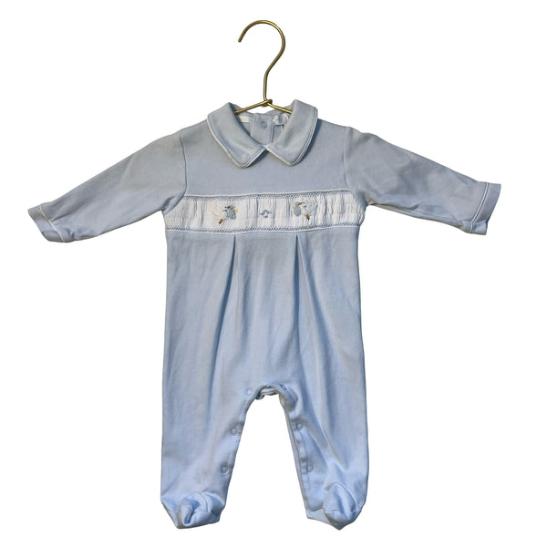 Mini La Mode Light Blue Smocked Stork Footed One-Piece - Size Newborn