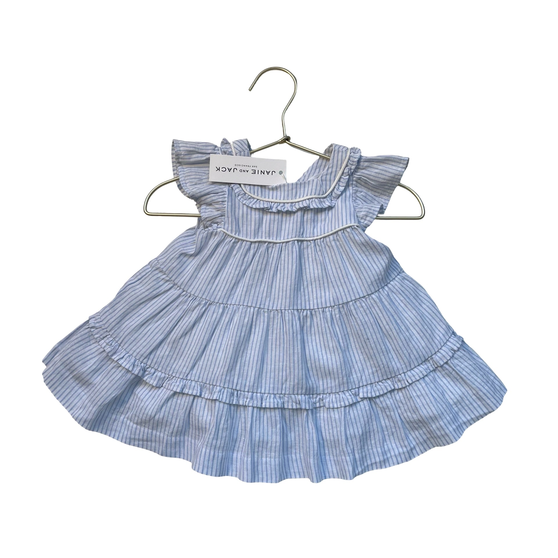 Janie and Jack White & Blue Striped Linen-Cotton Dress & Bloomers w Tags - 3-6 M