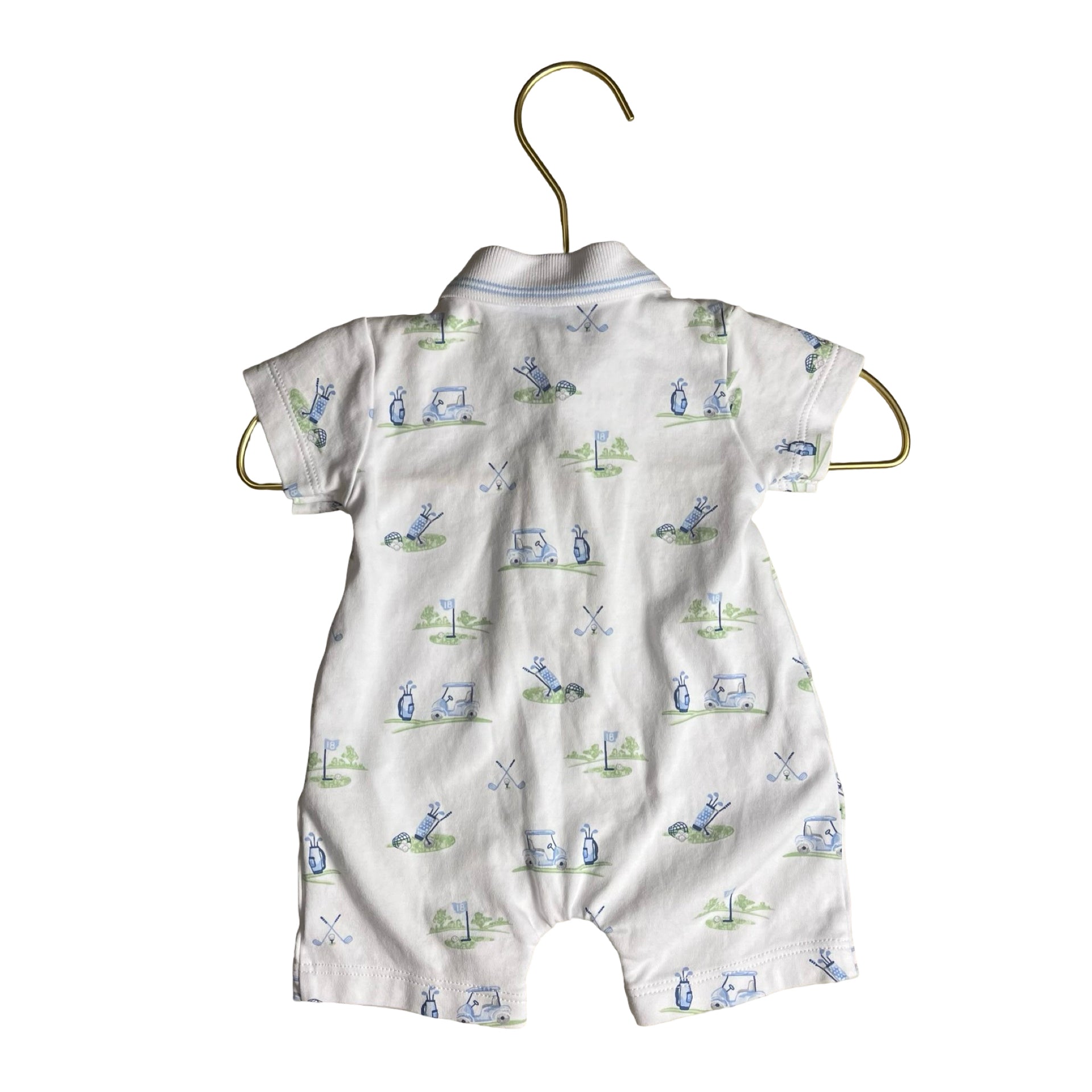 Kissy Kissy White, Blue, Green Golf Print Polo Romper - Size 0-3 Mo