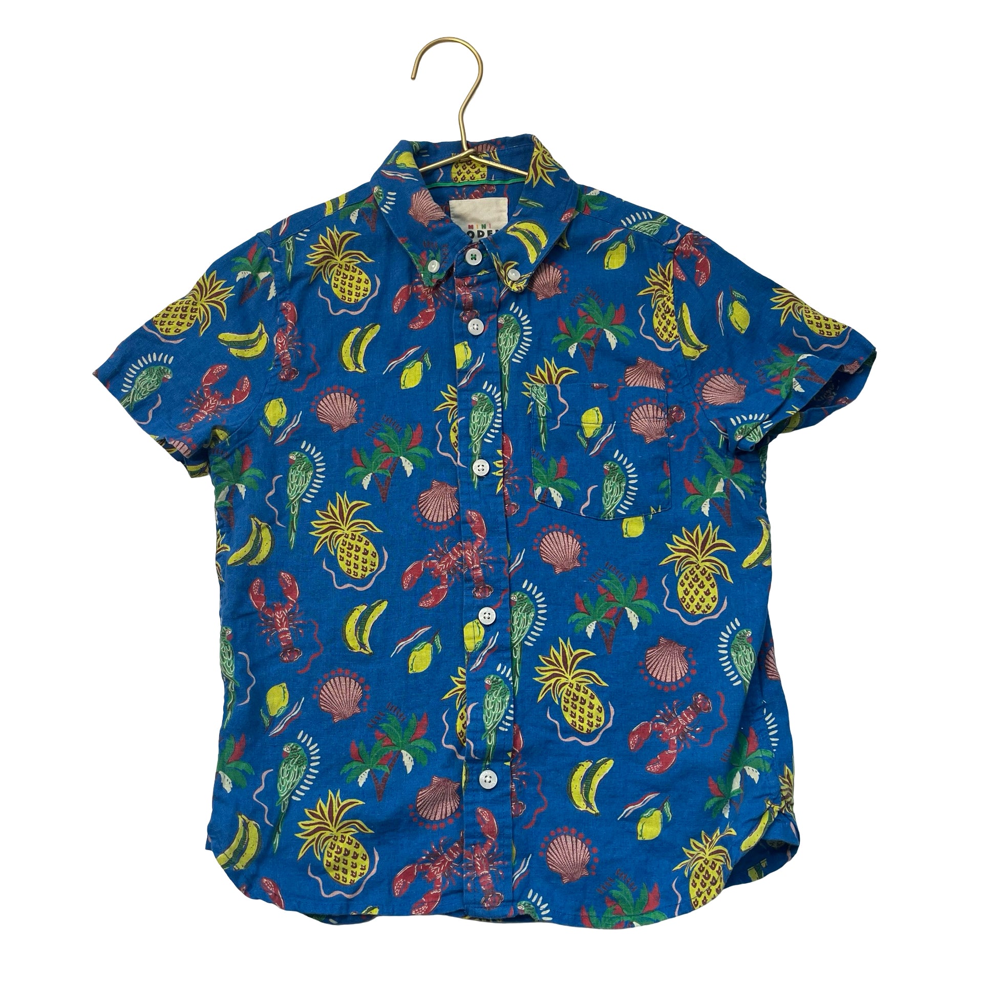 Mini Boden Blue Tropical Print Linen-Cotton Button Down Shirt - Size 7-8Y