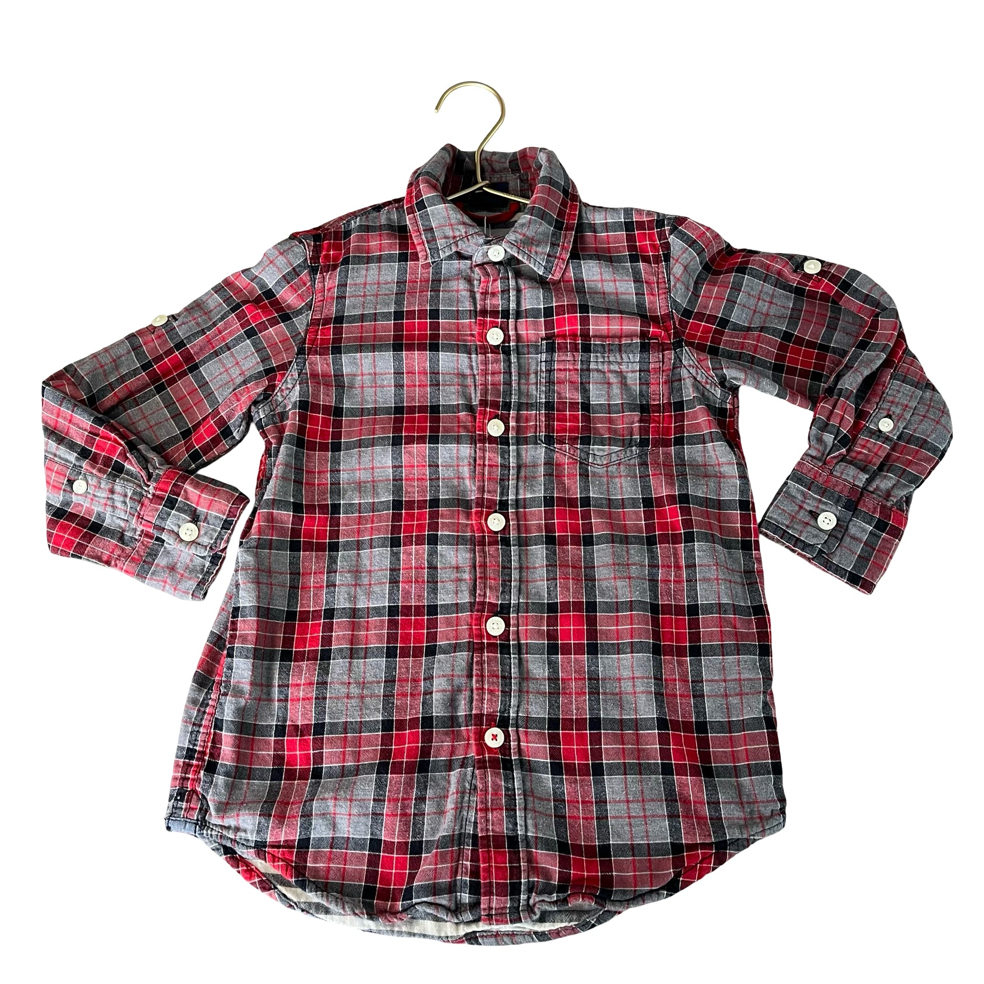 Gap Kids Red, Gray, Black Plaid Button Down Shirt - Size XS 4-5