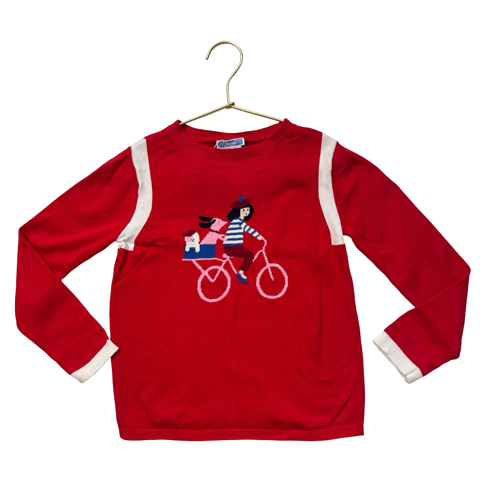 Jacadi Red Cotton Girl & Dogs on Bicycle Sweater - Size 6A