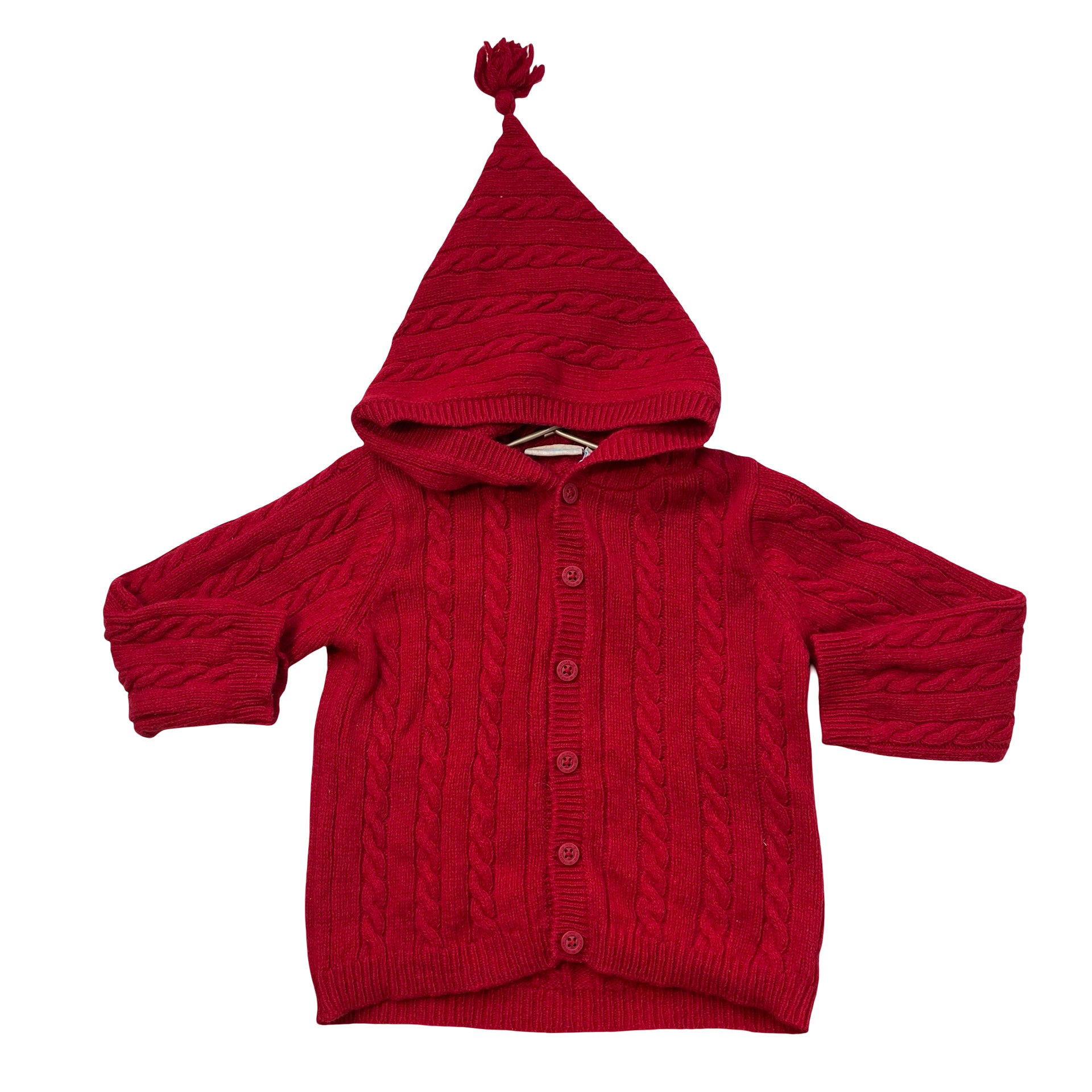 JoJo Maman Bebe Red Wool-Blend Cable-Knit Hooded Cardigan Sweater - Size 18-24 M
