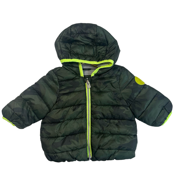 Baby Gap Green Camo Puffer Jacket, Neon Trim - Size 0-6 Mo