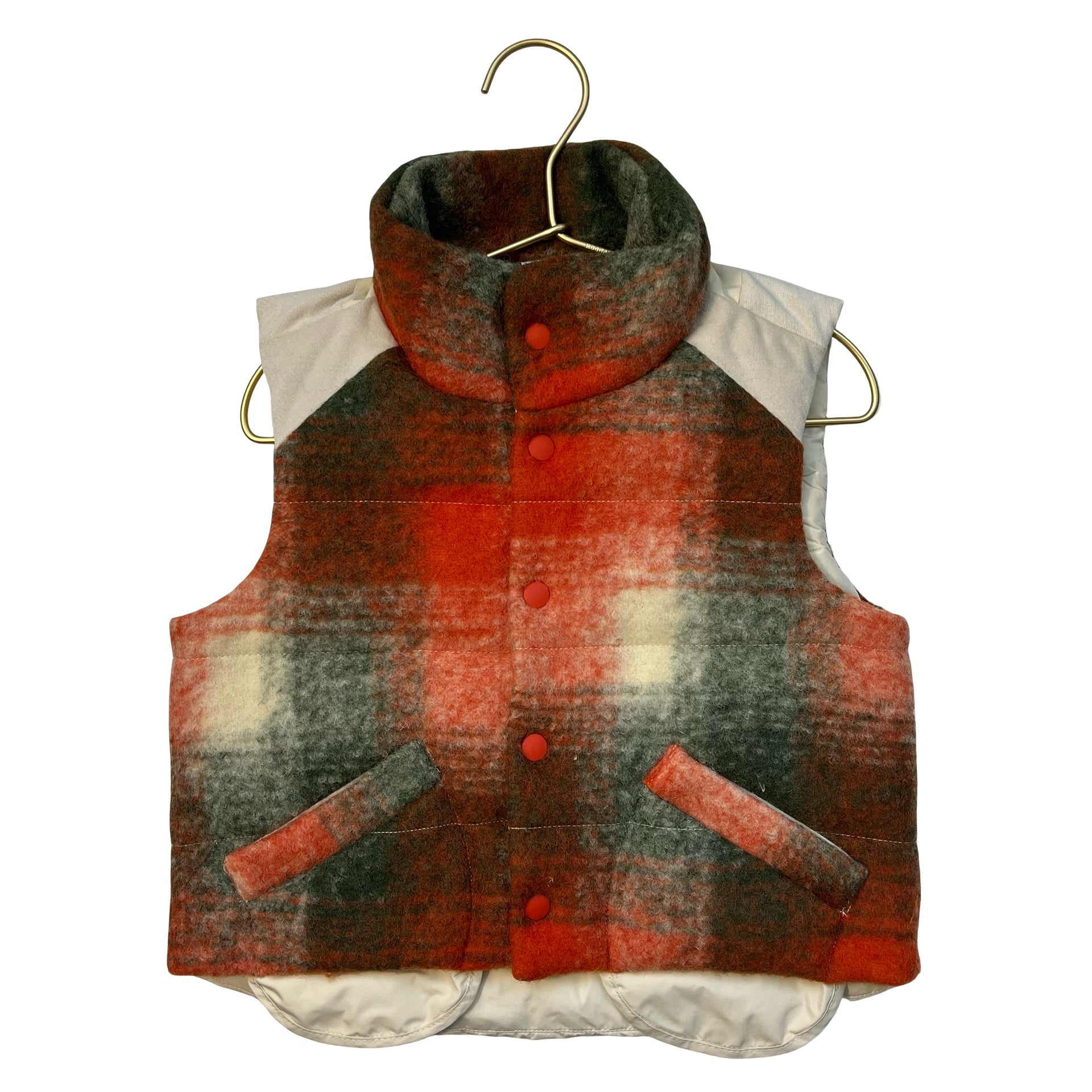 Tia Cibani Orange, Green, Ivory Plaid Wool-Blend Puffer Vest - Size 3-4Y