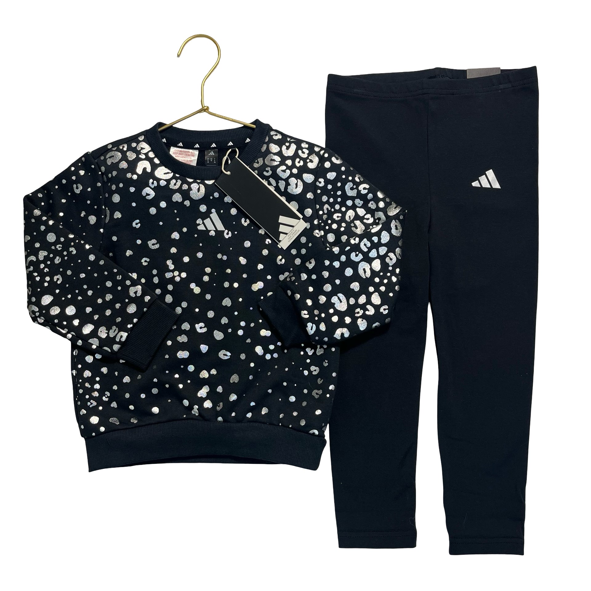 Adidas Black Leggings & Silver Foil Leopard Print Sweatshirt Set with Tags - 4T