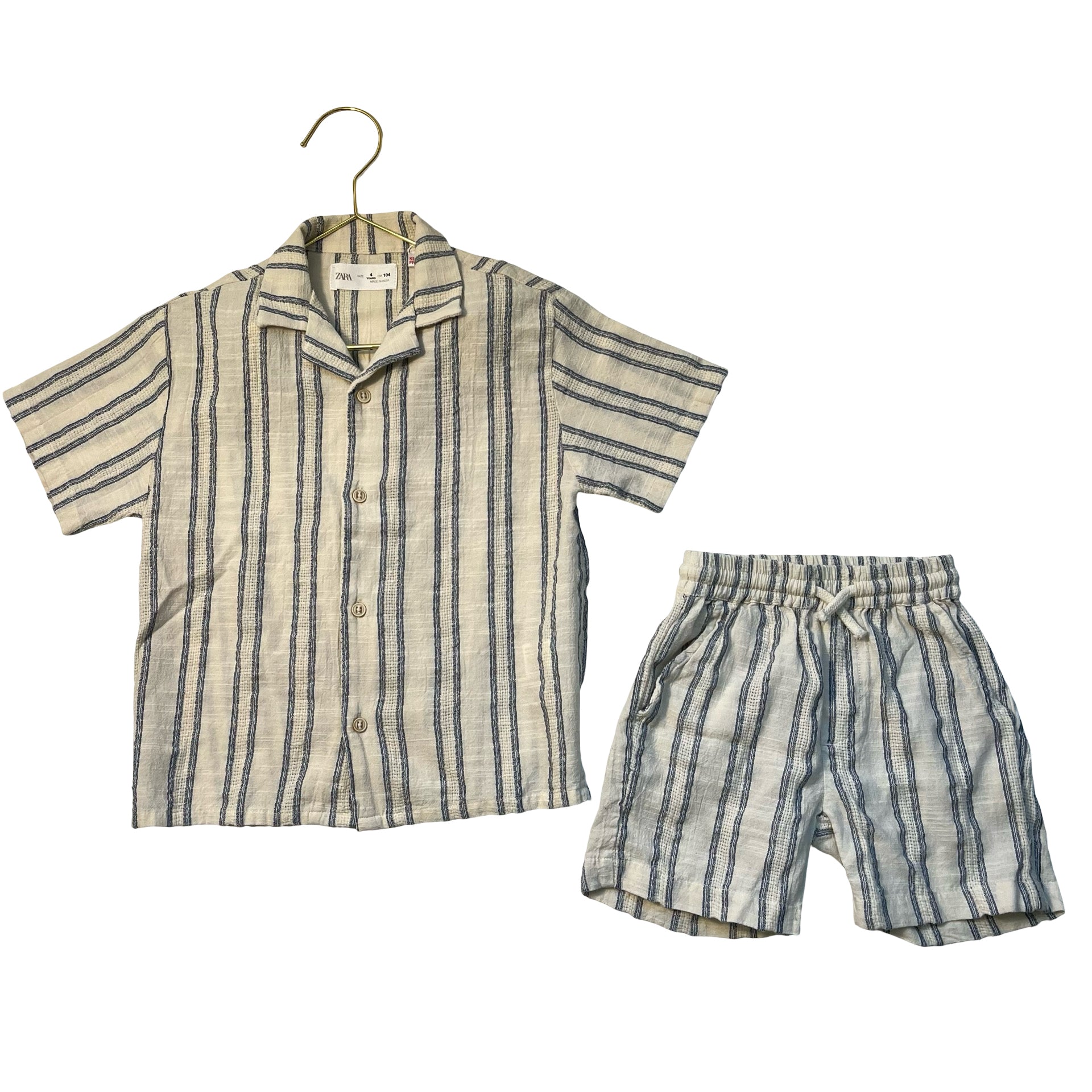 Zara Ivory & Blue Pattern Button Down Shirt & Shorts Set - Size 4