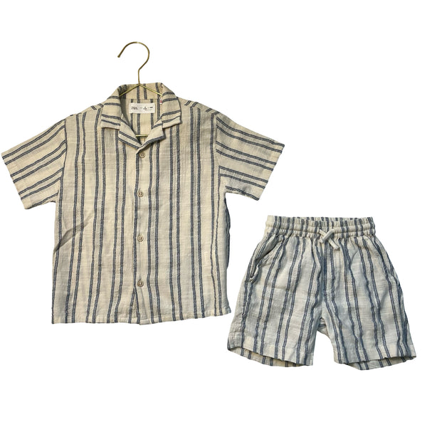 Zara Ivory & Blue Pattern Button Down Shirt & Shorts Set - Size 4