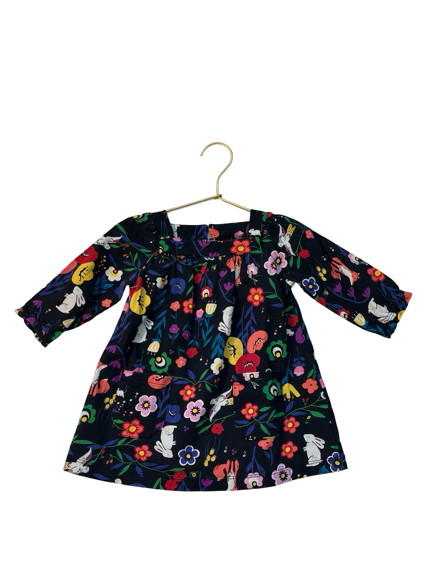 Hanna Andersson Black & Colorful Flower, Bunny, Owl Print Dress - 75 (12-18 Mo)