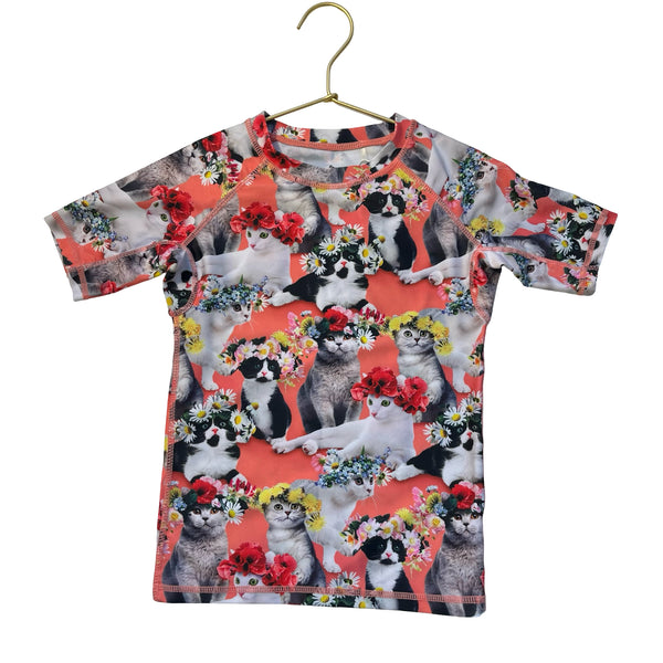 Molo Orange Flower Crown Cats Print Rash Guard - Size 5-6Y