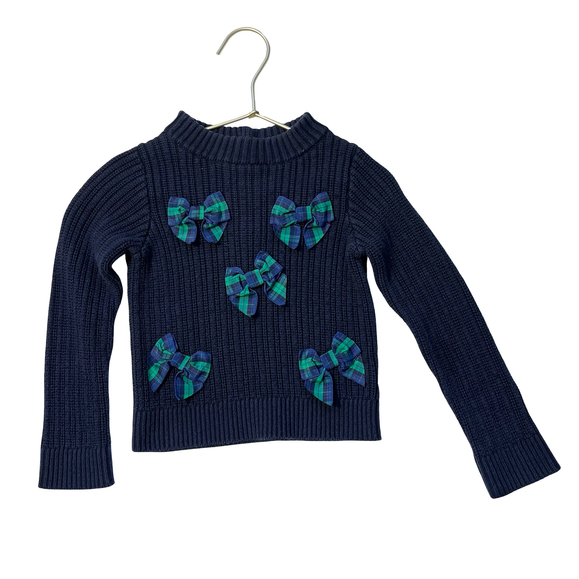 Janie and Jack Navy Sweater, Green Tartan Bows - Size 3