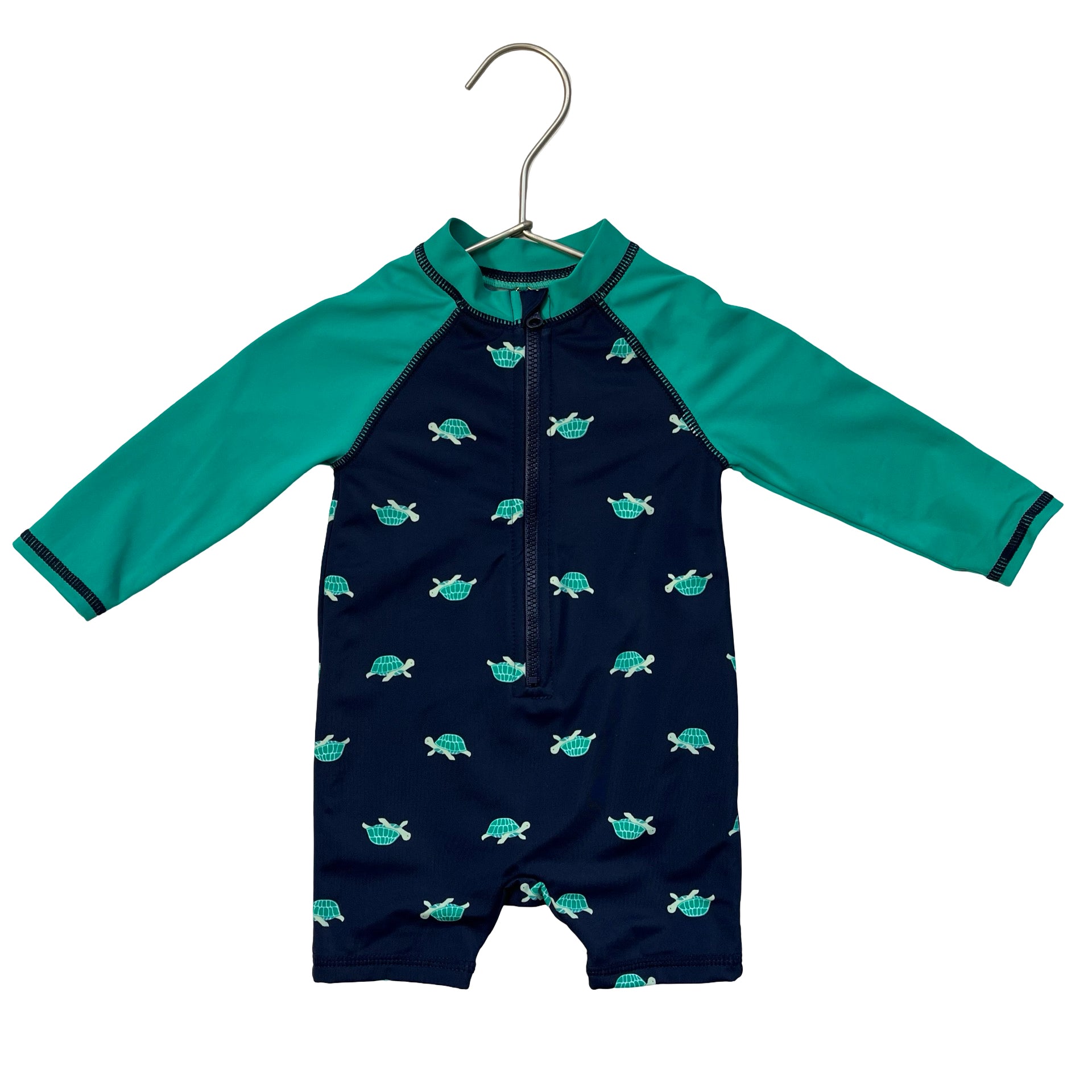 Janie and Jack Green & Navy Turtle Print Swim Suit Romper - Size 3-6 Mo