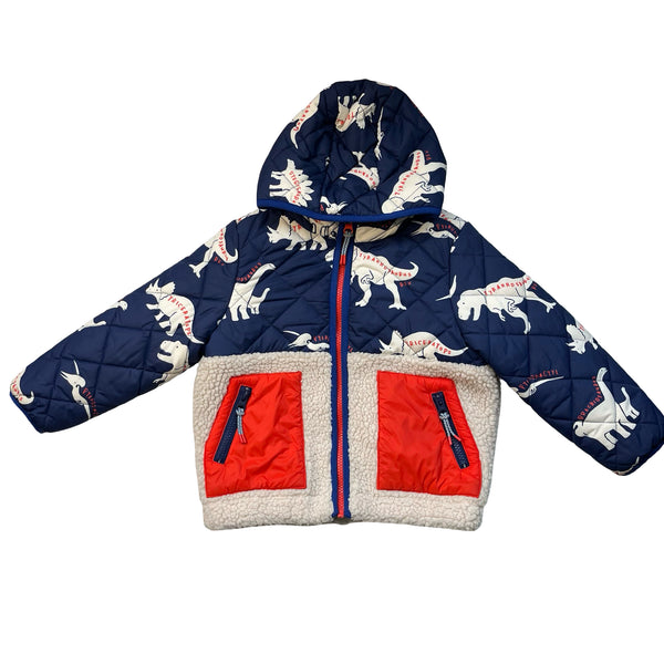 Mini Boden Sherpa & Navy Dino Quilted Jacket - Size 3-4Y