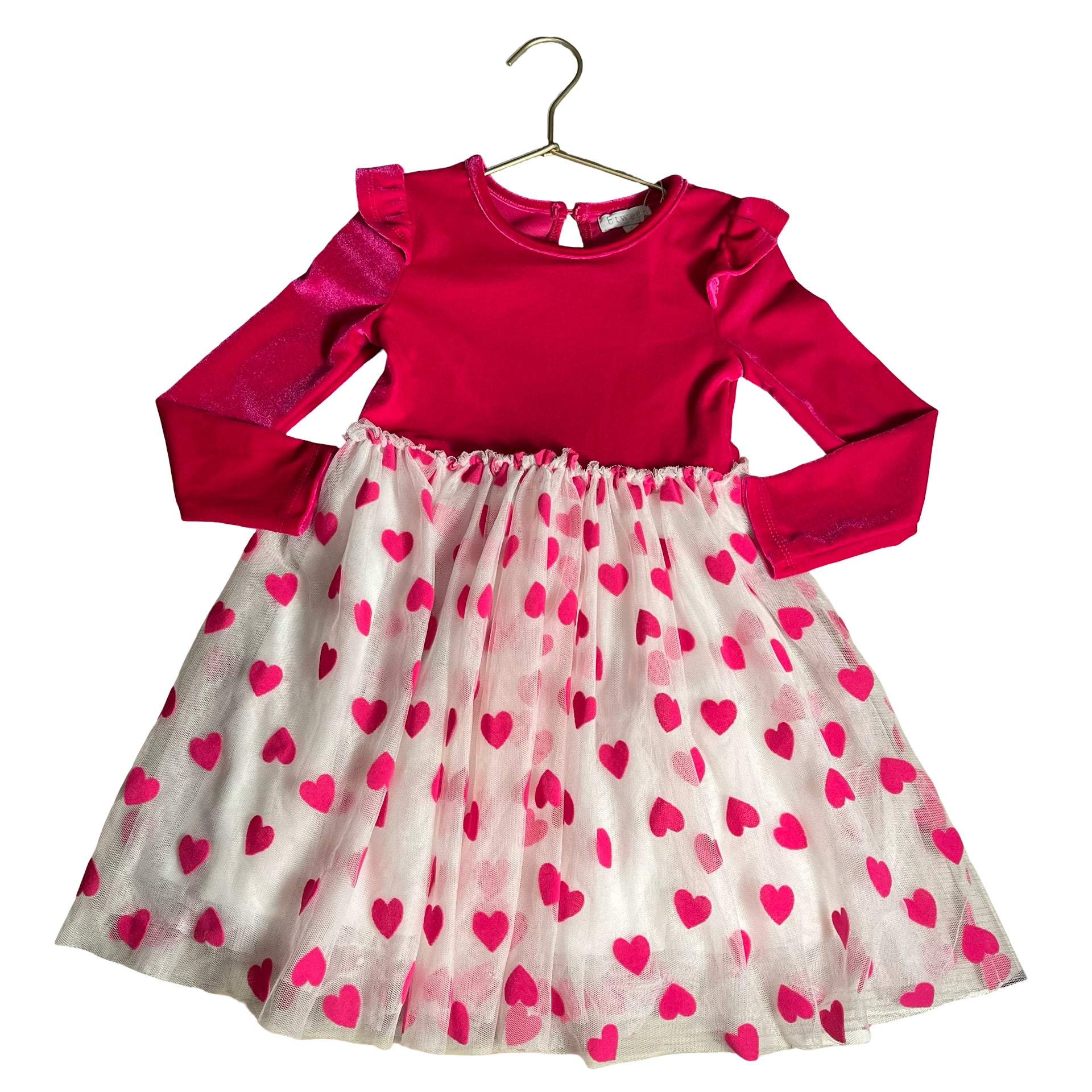btween Pink Velour & White Tulle Heart Dress - Size 4