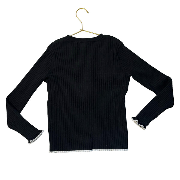 H&M Black Ribbed Knit Sweater, White Trim - Size 8-10