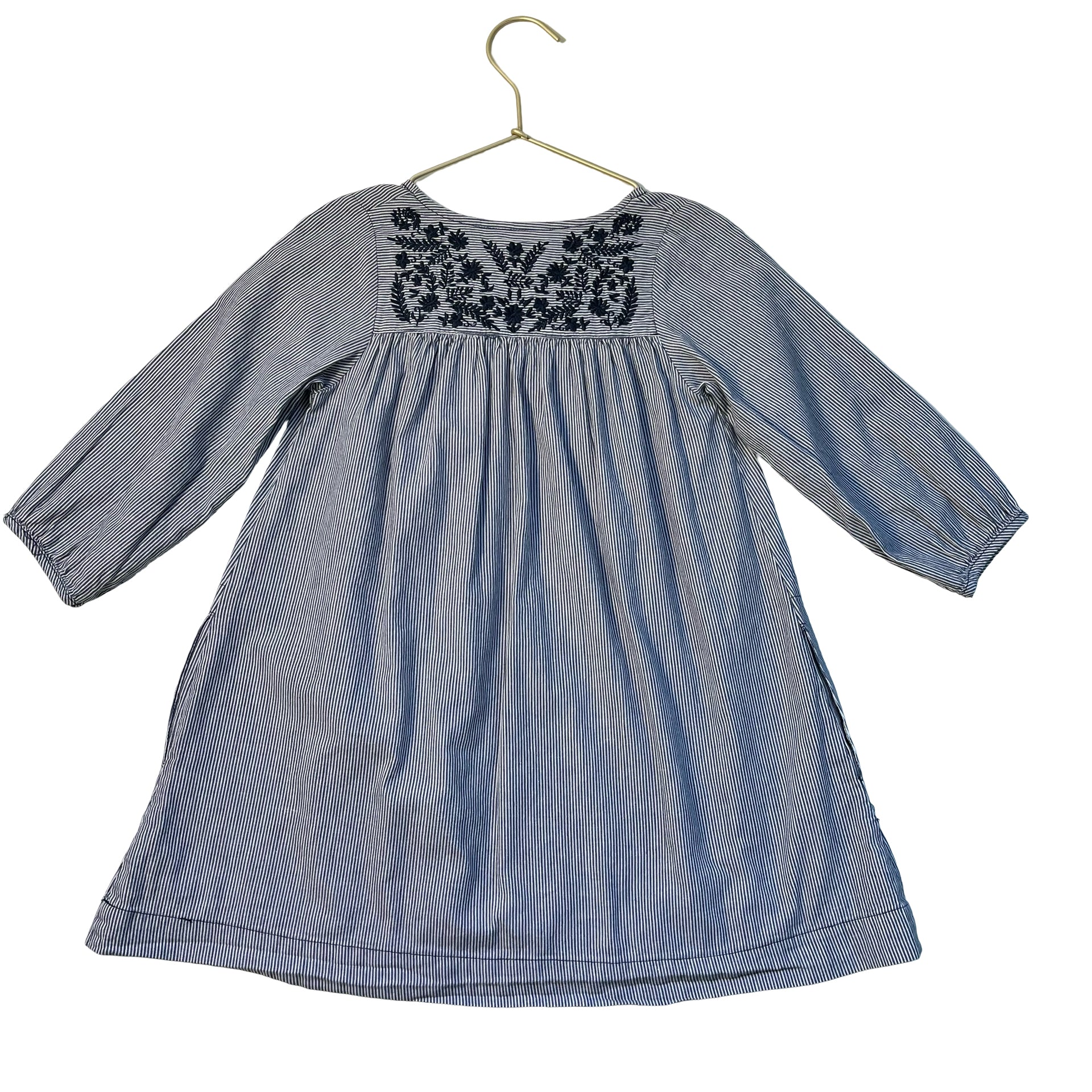Pink Chicken Navy Striped Embroidered Dress - Size 5Y