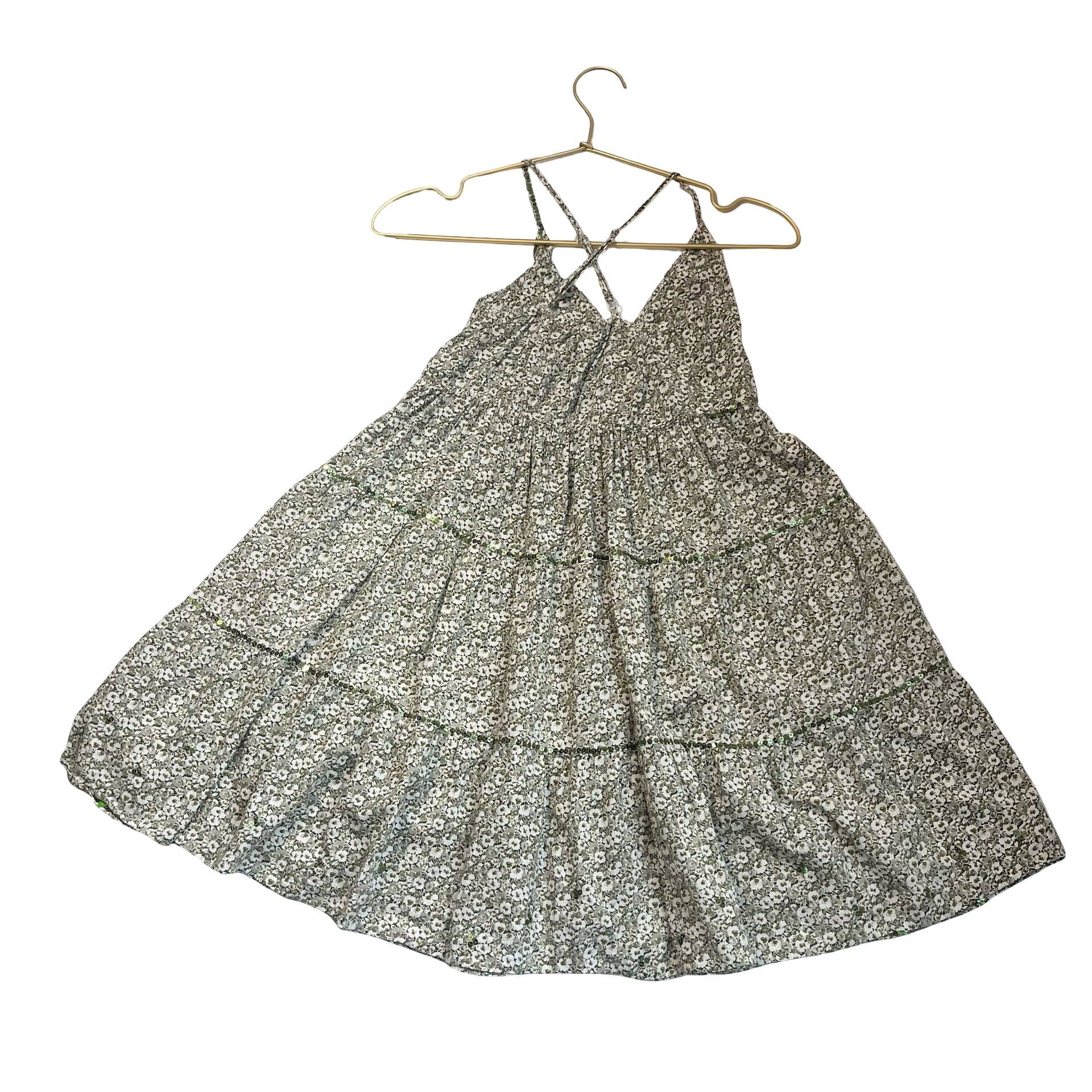 Perimitz Green & Ivory Floral Dress, Sequin Trim - Size 150 (12)