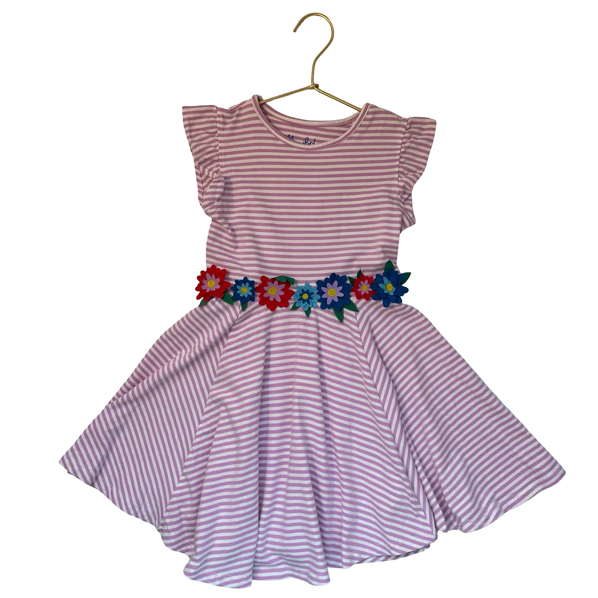 Mini Boden Lavender Striped Flower Applique Dress - Size 6-7Y