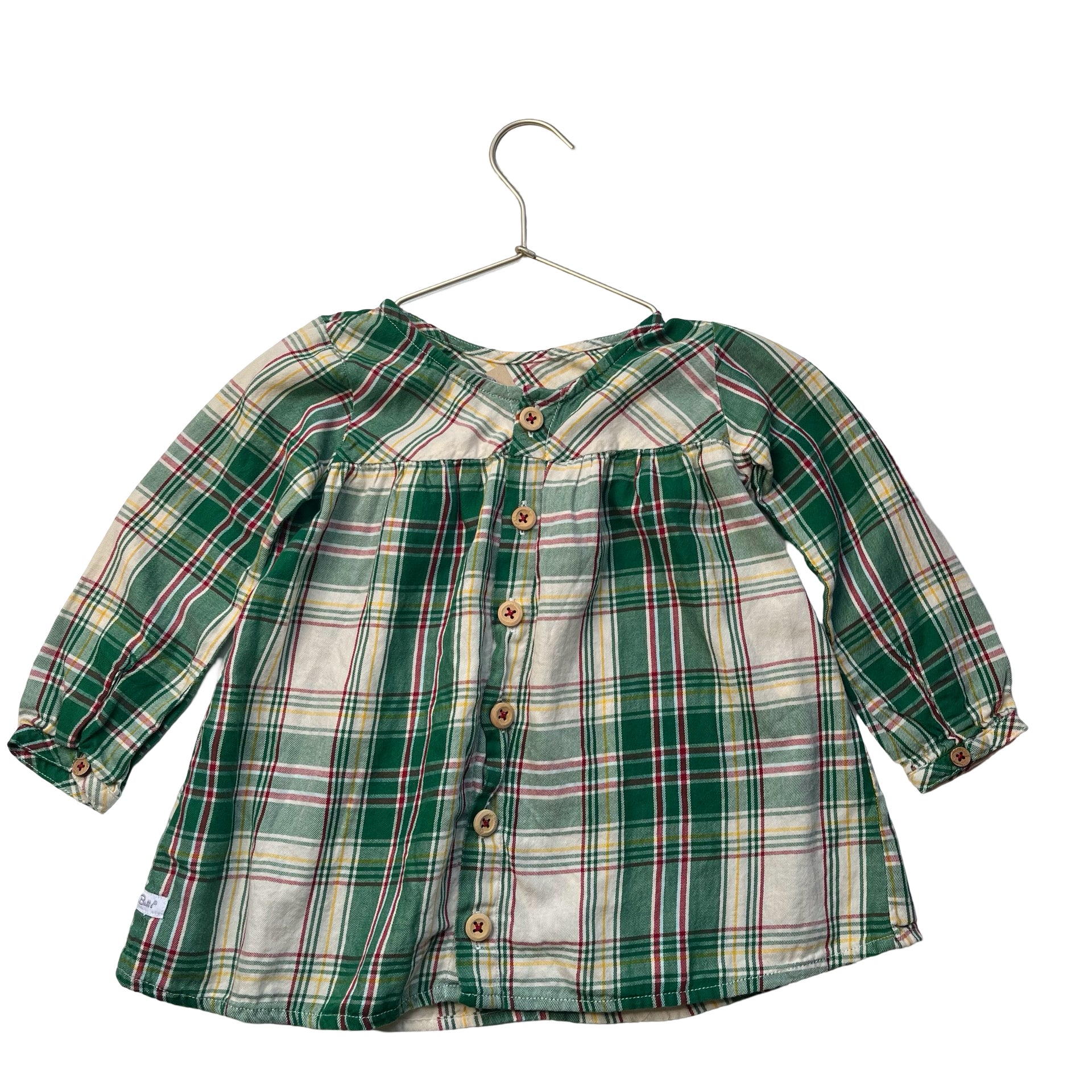Ruffle Butts Green, Ivory & Red Plaid Flannel Shirt - Size 3