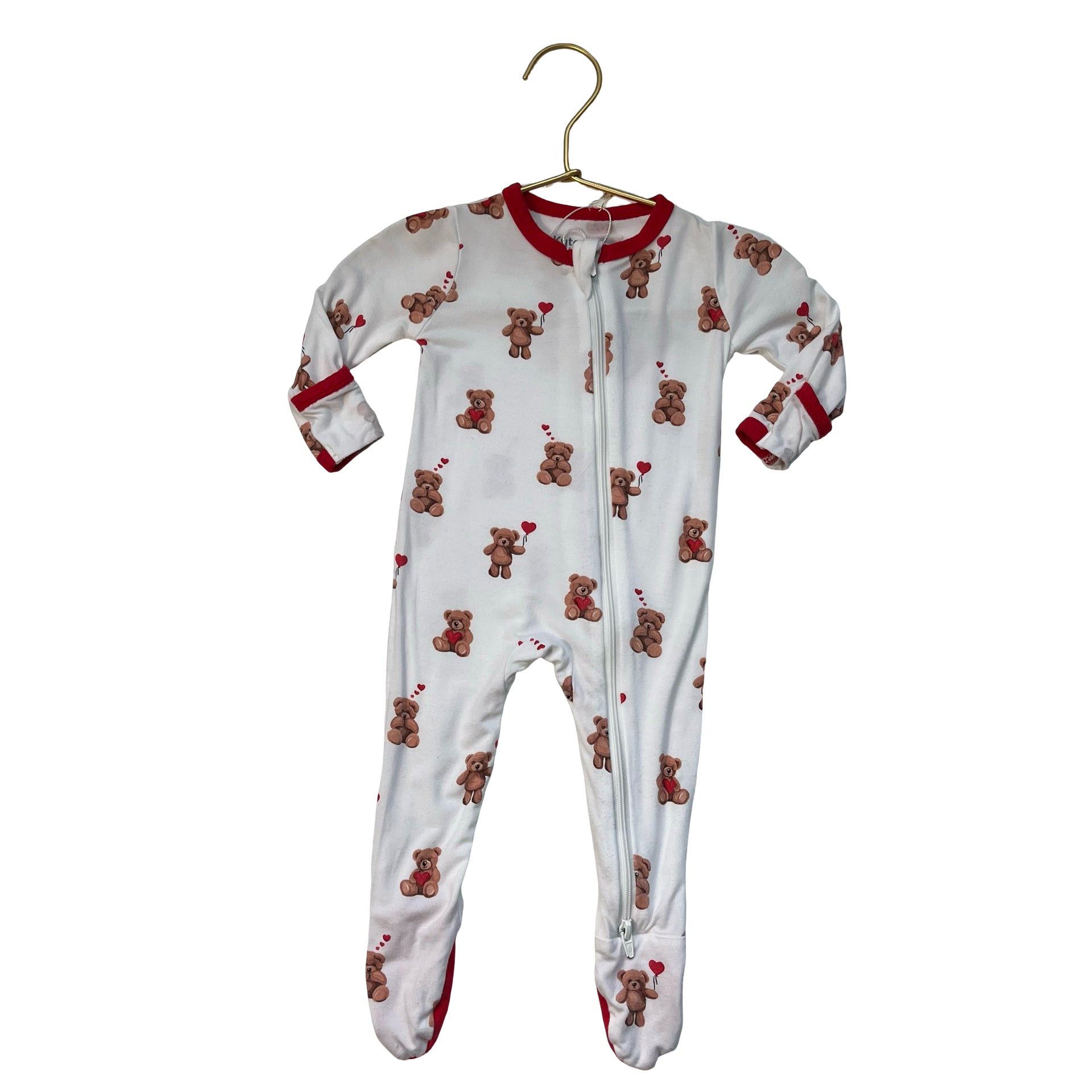 Kyte Ivory & Red Bear Heart Print Footed PJs - Size 0-3 Mo