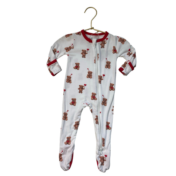 Kyte Ivory & Red Bear Heart Print Footed PJs - Size 0-3 Mo
