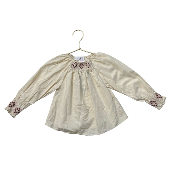Zara Ivory & Burgundy Smocked Blouse - Size 2