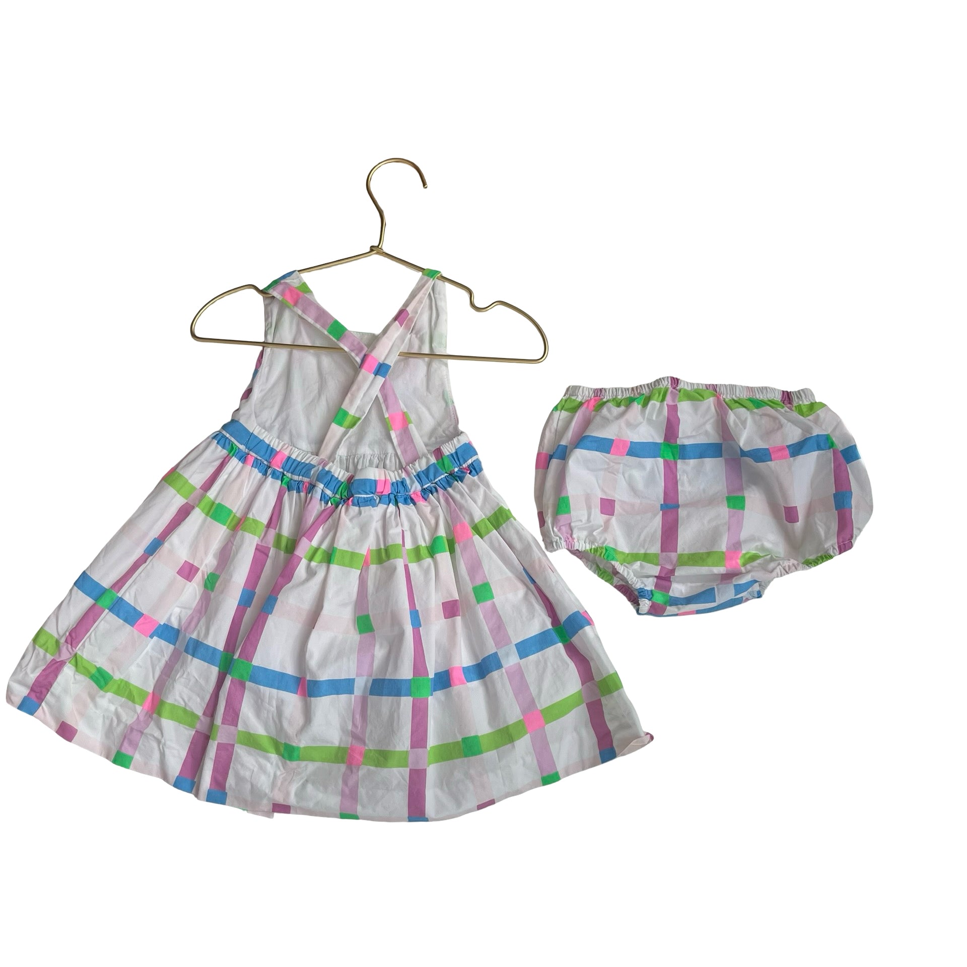 Jacadi White & Pastel Plaid Dress & Bloomers - Size 24 Mo