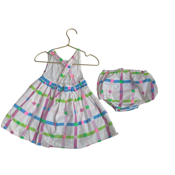 Jacadi White & Pastel Plaid Dress & Bloomers - Size 24 Mo