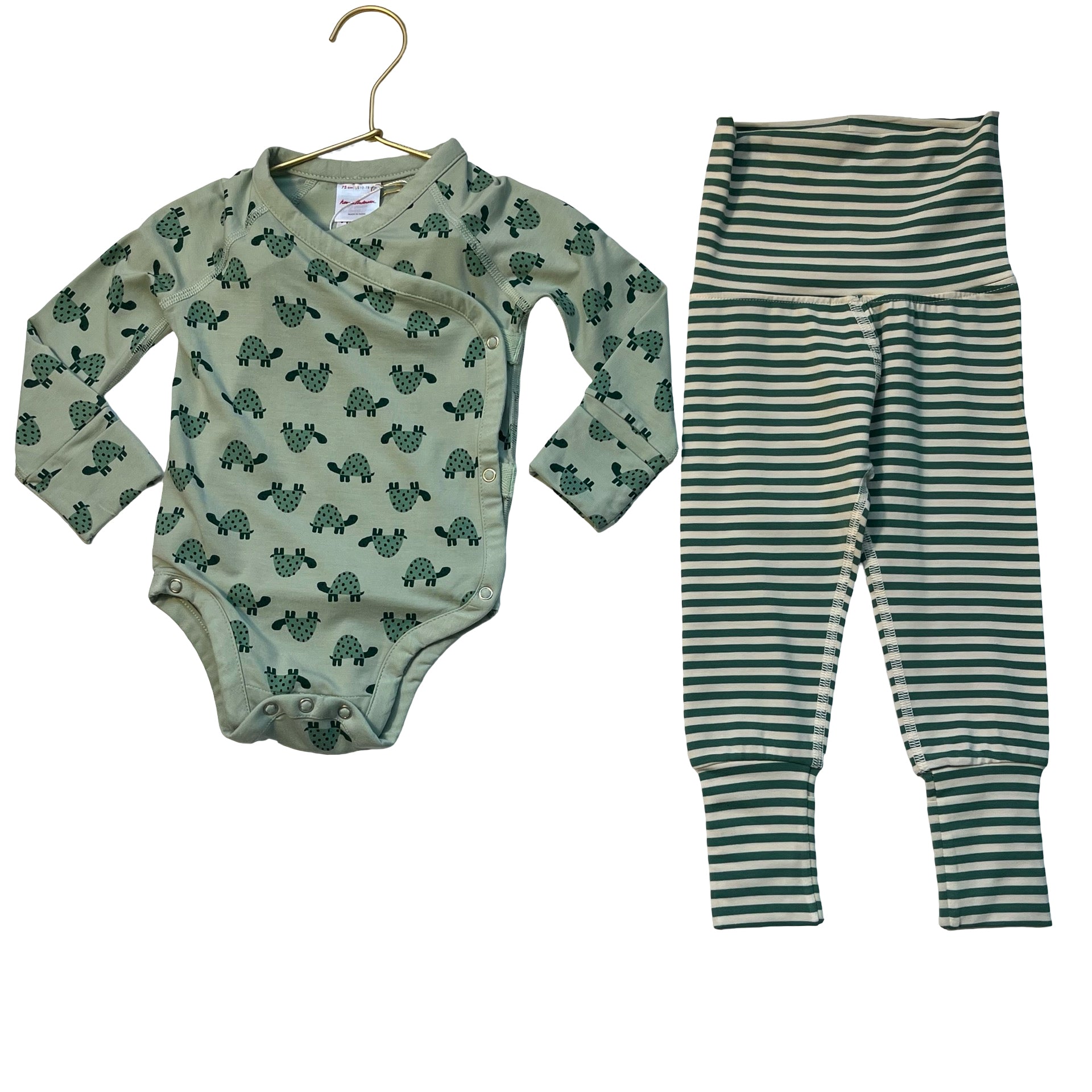 Hanna Andersson Green Turtle Print Bodysuit & Striped Pants Set - 12-18 Mo