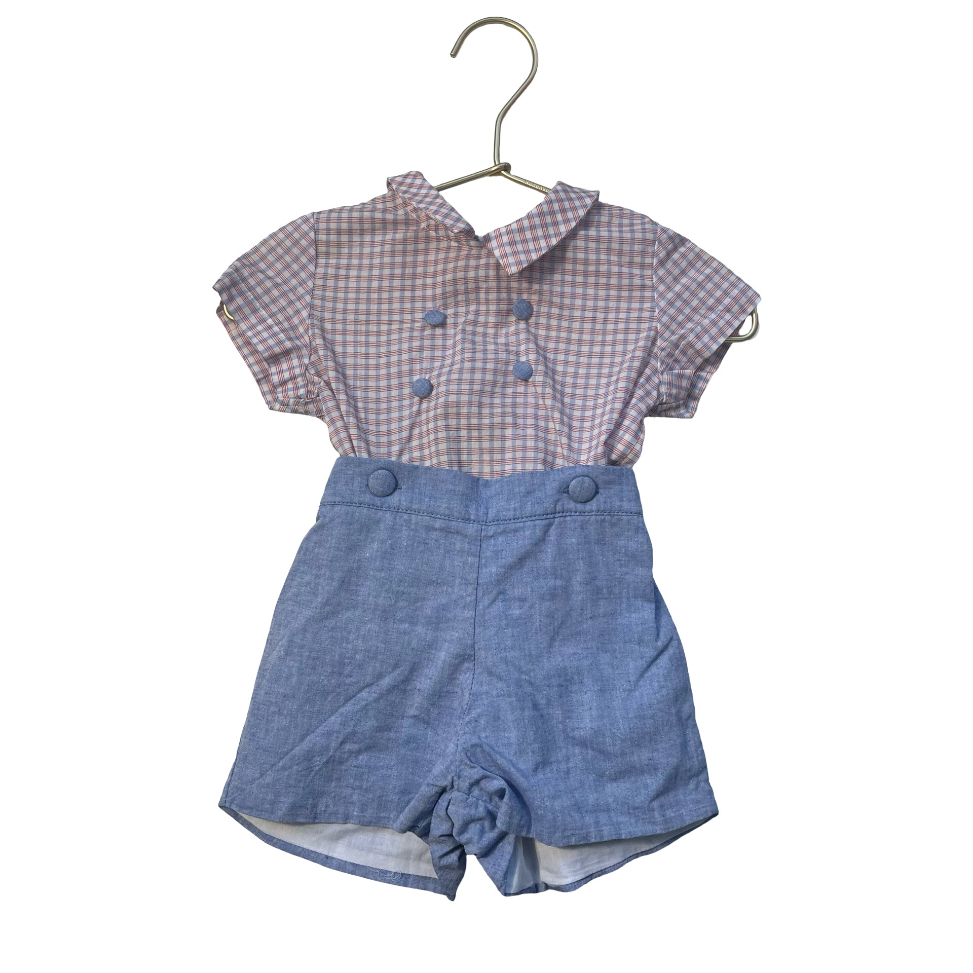 La Coqueta Red & Blue Plaid Collar Shirt & Blue Shorts Set - Size 12 Mo