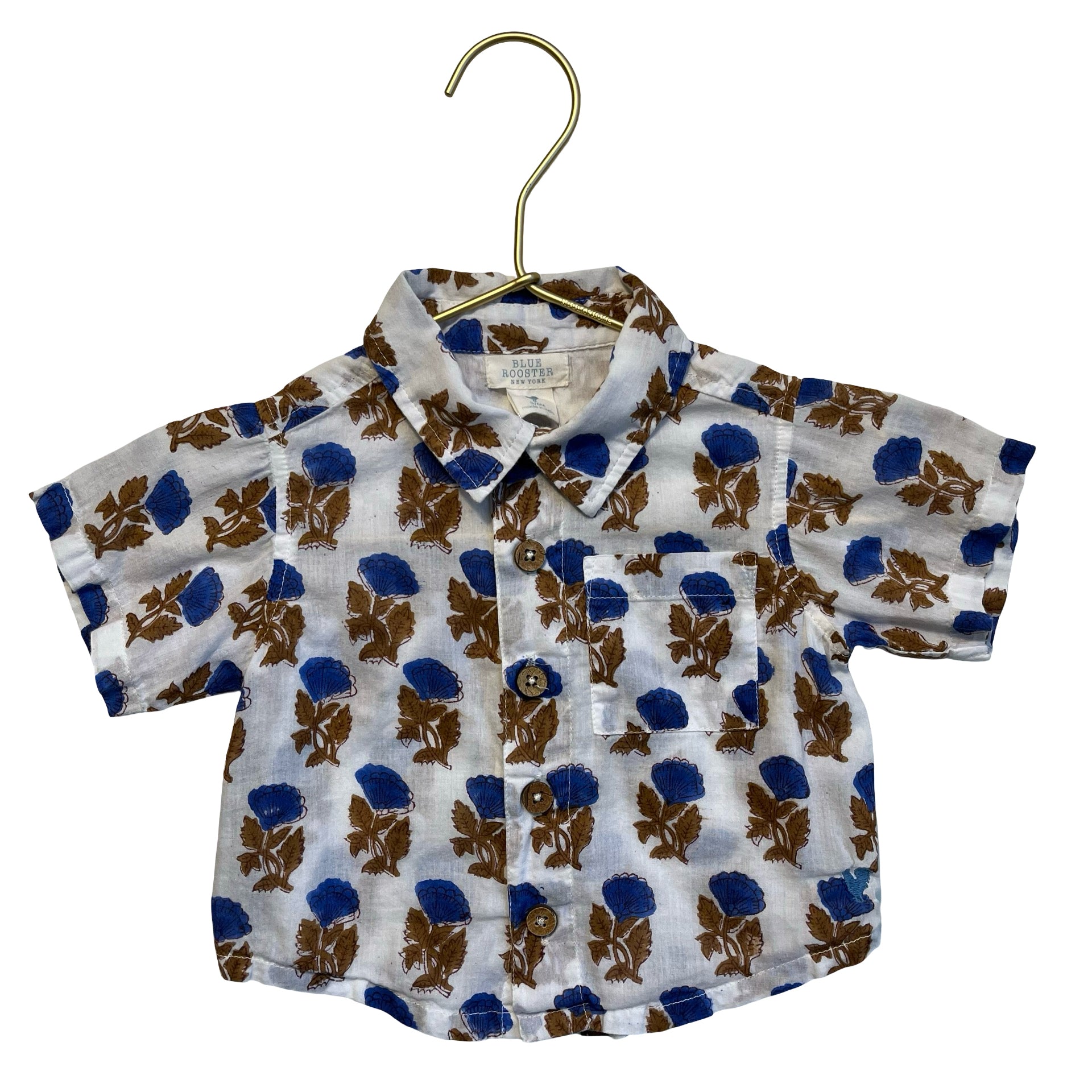Blue Rooster Ivory, Blue, Brown Flower Print Button Down Shirt - Size 3-6 Mo