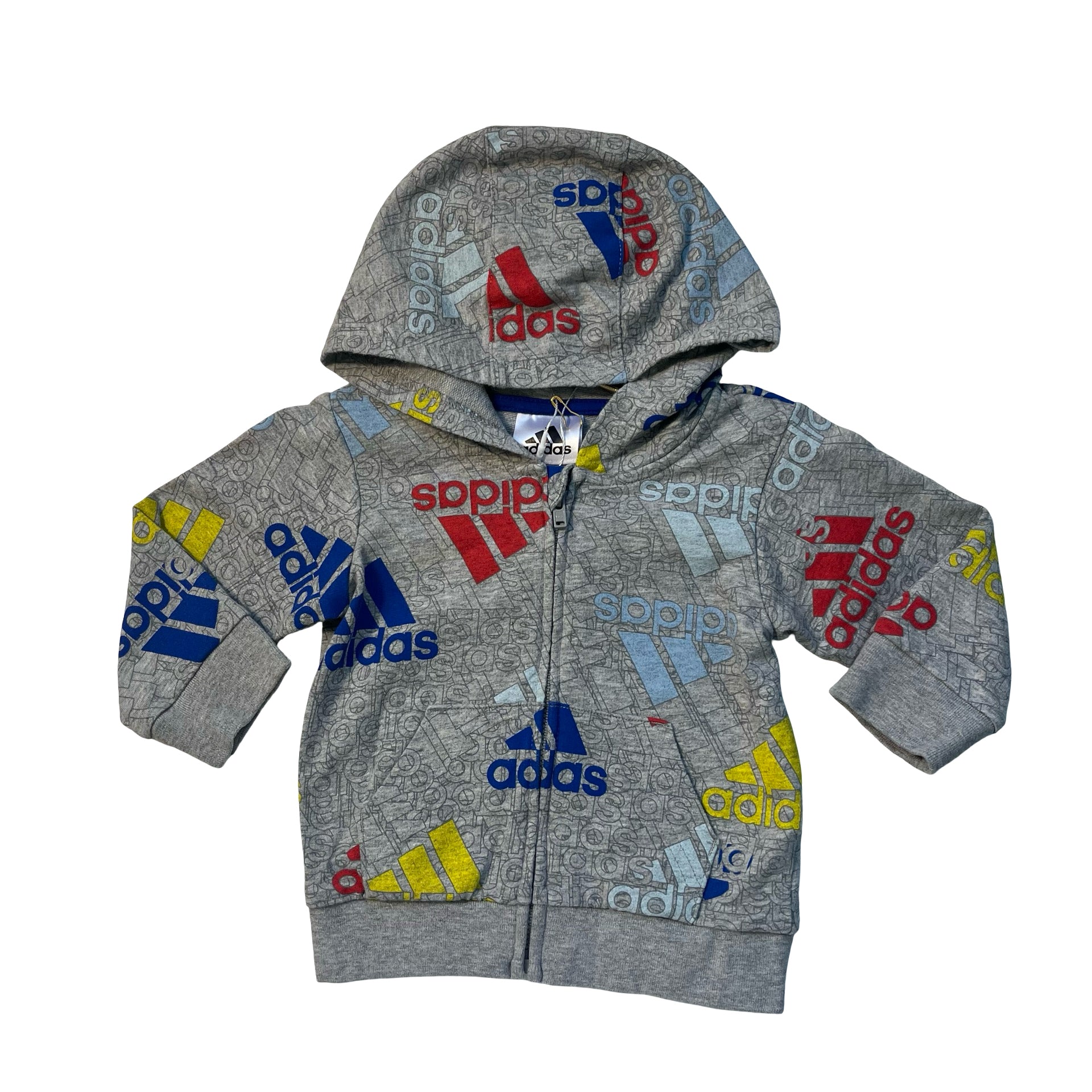Adidas Gray & Multi-Color Logo Gray Zip-Up Hooded Sweatshirt - Size 6 Mo