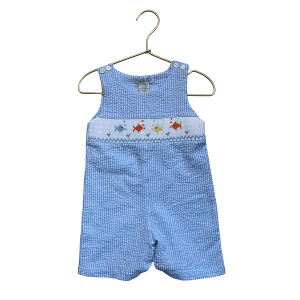 Carriage Boutique Blue Striped Seersucker Smocked Fish Romper - Size 12 Mo